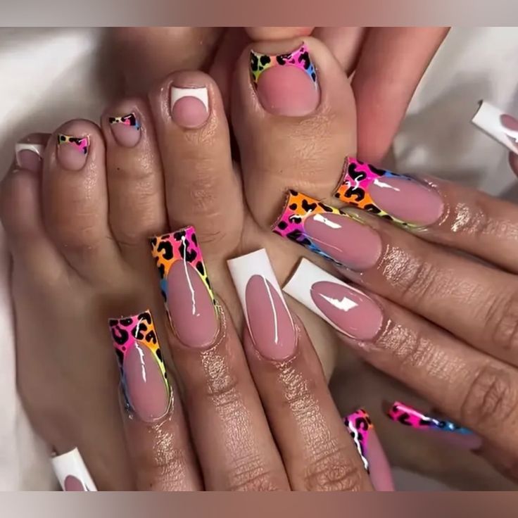 Playful Neon Leopard Print Nail Design with Chic French Tips.