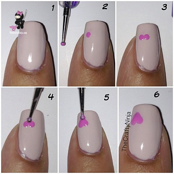 Heart Nail Art Tutorial: Step-by-Step Techniques Using Dotting Tools on a Soft Pink and Nude Base.