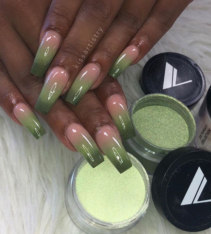 Elegant Ombre Nail Design: Soft Nude to Vibrant Green Gradient with Glossy Finish and Sparkling Accents