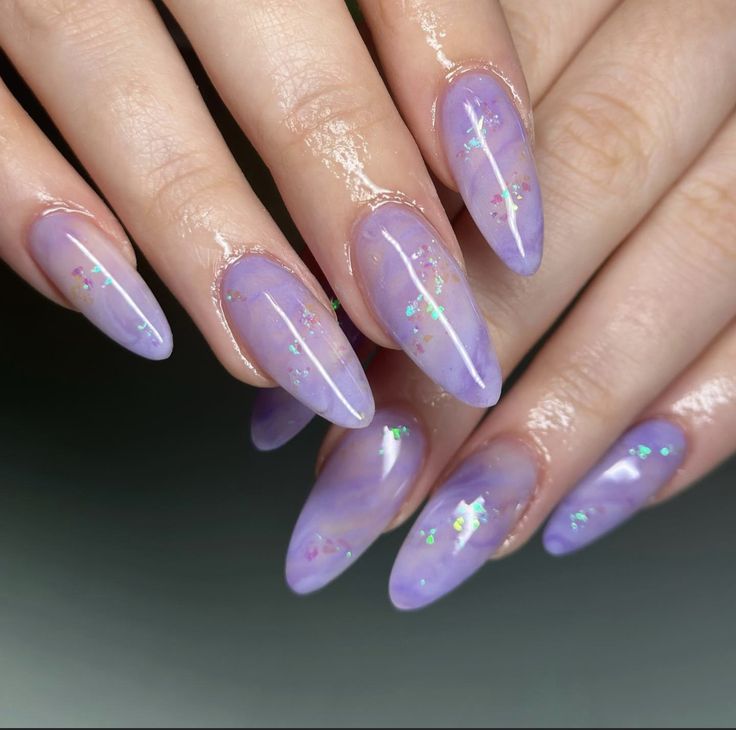 Elegant Lavender Ombre Stiletto Nails with Holographic Sparkle