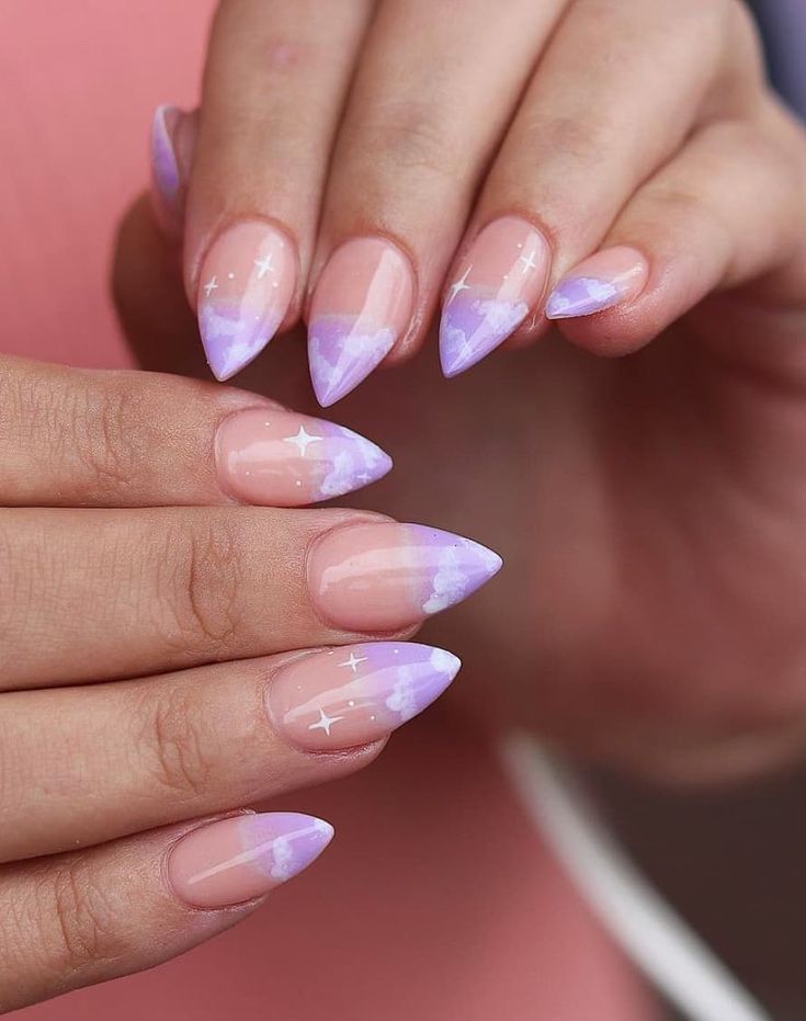 Elegant Almond-Shaped Nails with Lavender Gradient and Dreamy Cloud Designs