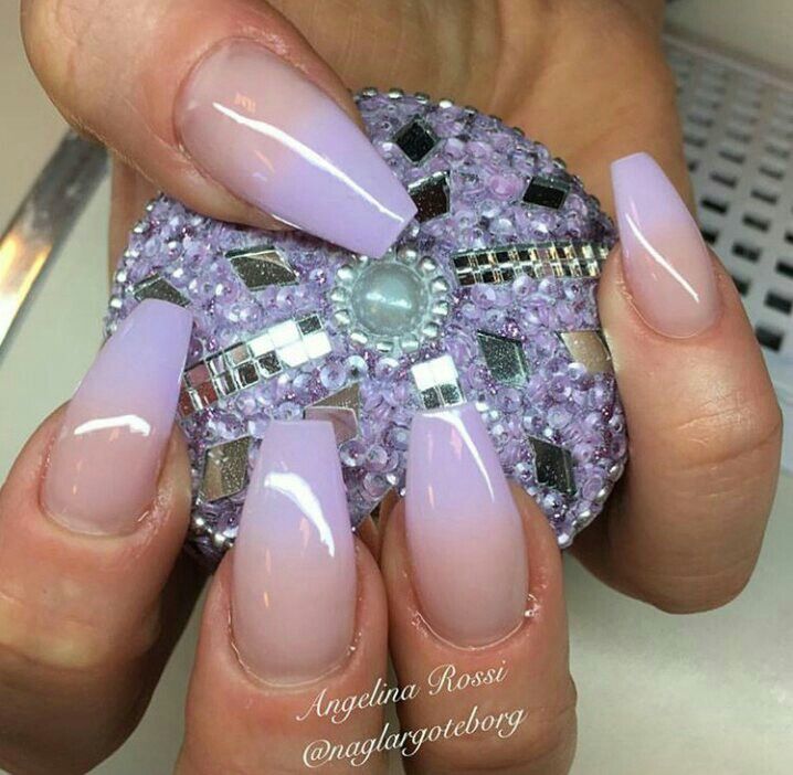 Elegant Lilac Gradient Ombre Nails with Shimmering Embellishments