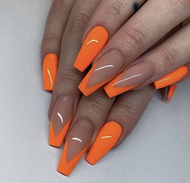 Bold Orange Stiletto Nail Design with Transparent Accents and Sleek White Lines