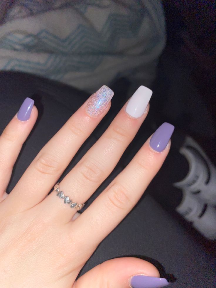 Trendy Purple and White Nail Art: A Stylish Contrast of Matte and Glitter Finishes