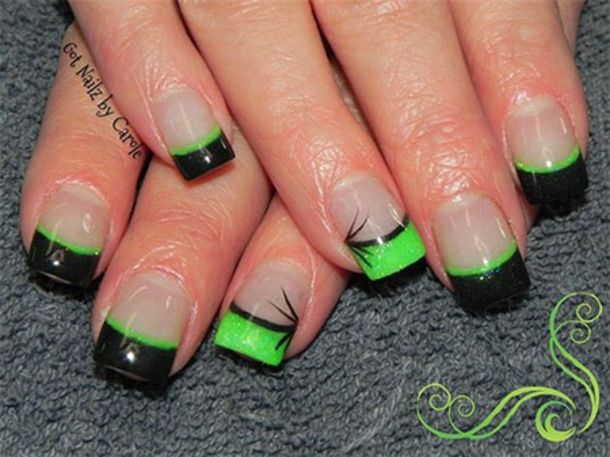 Edgy French Manicure: Bold Green and Black Tips with Delicate Detailing.