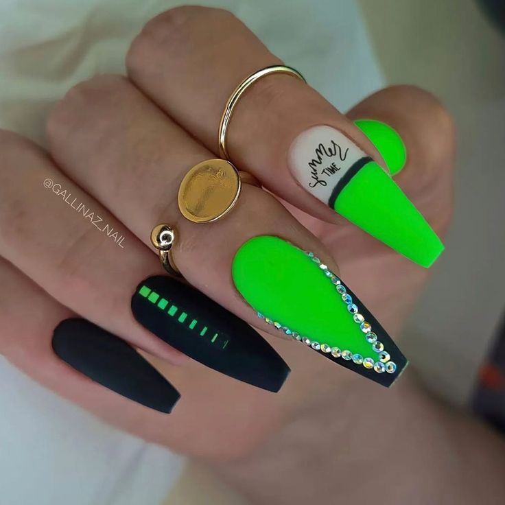 Striking Neon Green and Matte Black Nail Design Enhanced with Dazzling Rhinestones.