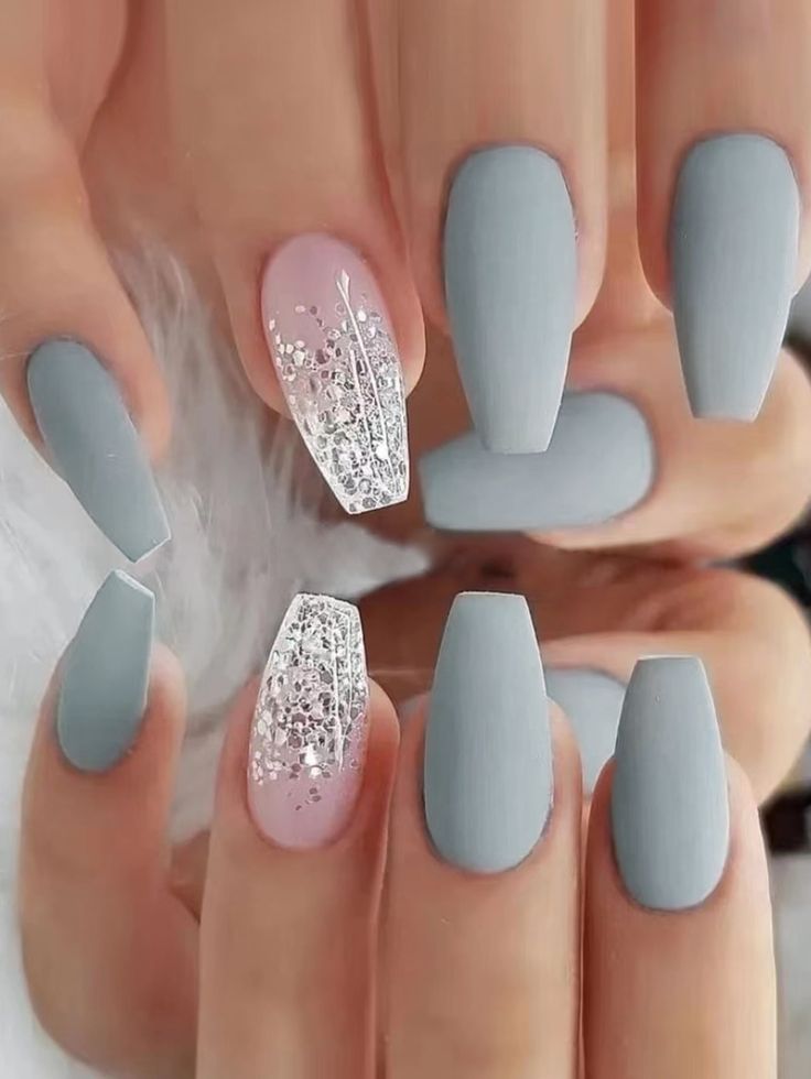 Chic Matte Nail Design: Elegant Gray with Soft Pink and Sparkling Silver Accents.