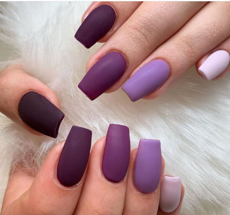 Elegant Matte Nail Design with a Chic Blend of Purple Tones