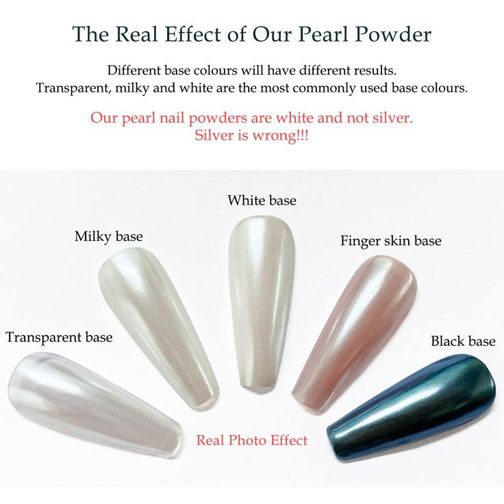 Diverse Nail Designs Showcasing Pearl Powder Effects Across Various Base Colors.