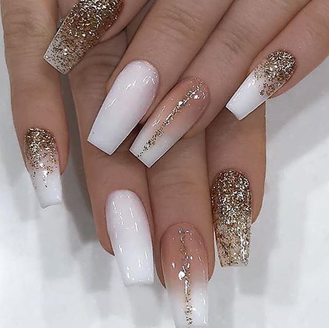 Elegant Glittery Ombre Nails: White to Gold Gradient for Sophisticated Style