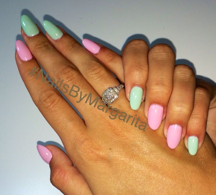 Charming Pastel Nail Design: Elegant Almond Shape with Soft Pink and Mint Green Shades.