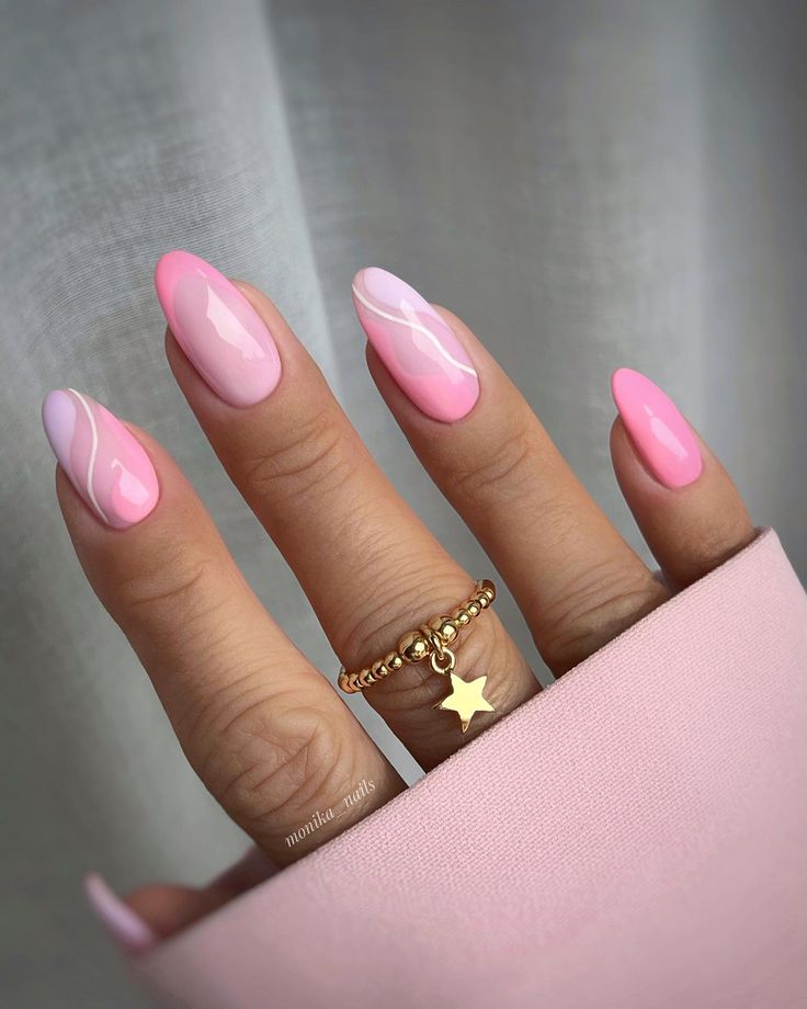 Chic Elegant Pink Nails with Swirled Designs and Glossy Finish