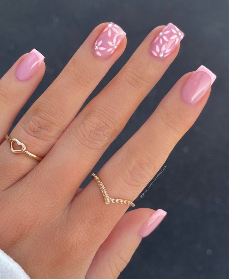 Sophisticated Chic Pink Nail Design with Glossy and Matte Finishes, Floral Accents, and Elegant Tips.