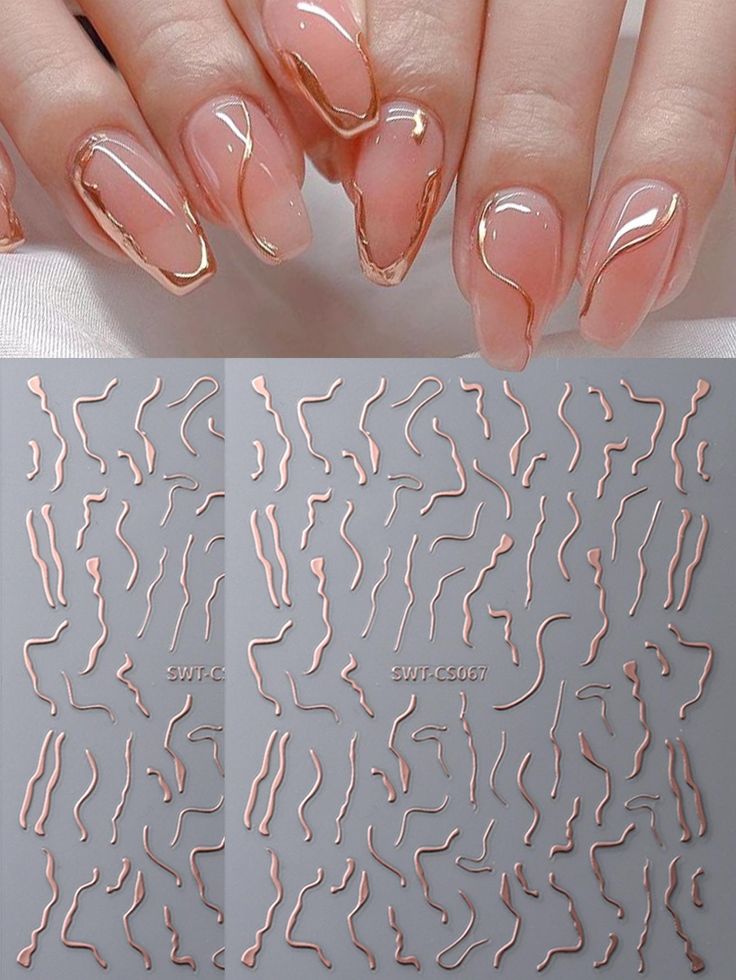 Sophisticated Nail Art: Elegant Soft Pink Gradient with Metallic Gold Accents and Versatile Abstract Stencils.