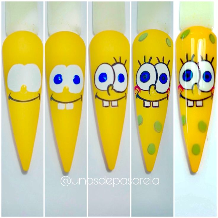 Whimsical Yellow Nail Art Showcasing Playful Character Illustrations