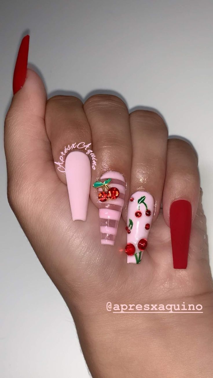 Playful Cherry-Inspired Nail Design with Vibrant Color Contrast