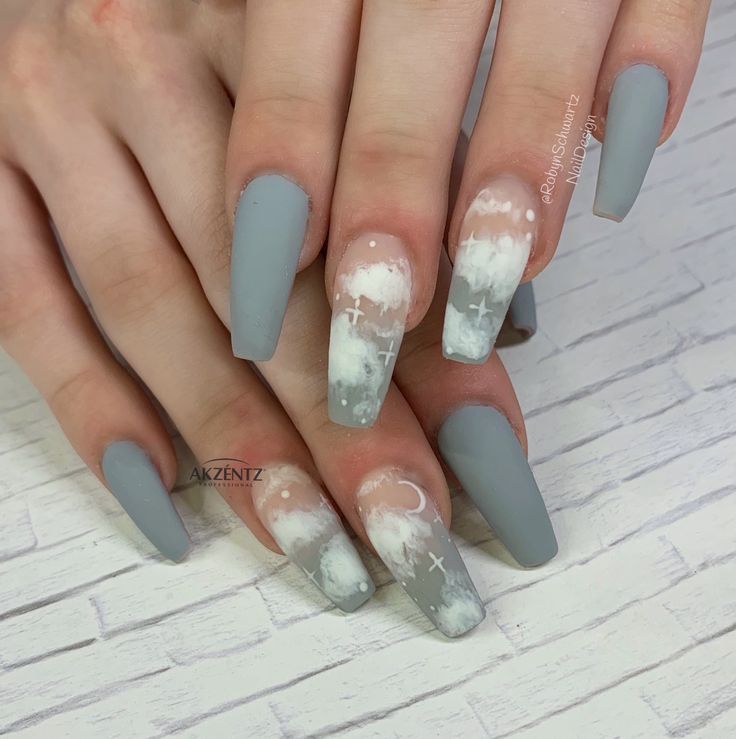 Elegant Matte Gray Ombre Nails with Intricate Celestial Designs