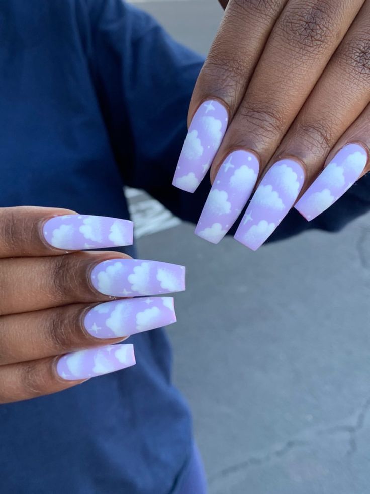 Whimsical Lavender Cloud-Inspired Nail Design for a Creative Manicure.