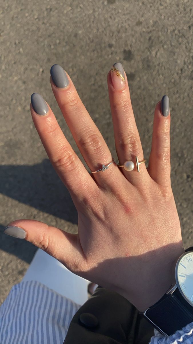 Modern Minimalist Gray Nail Design with Glamorous Gold Accent and Delicate Rings.