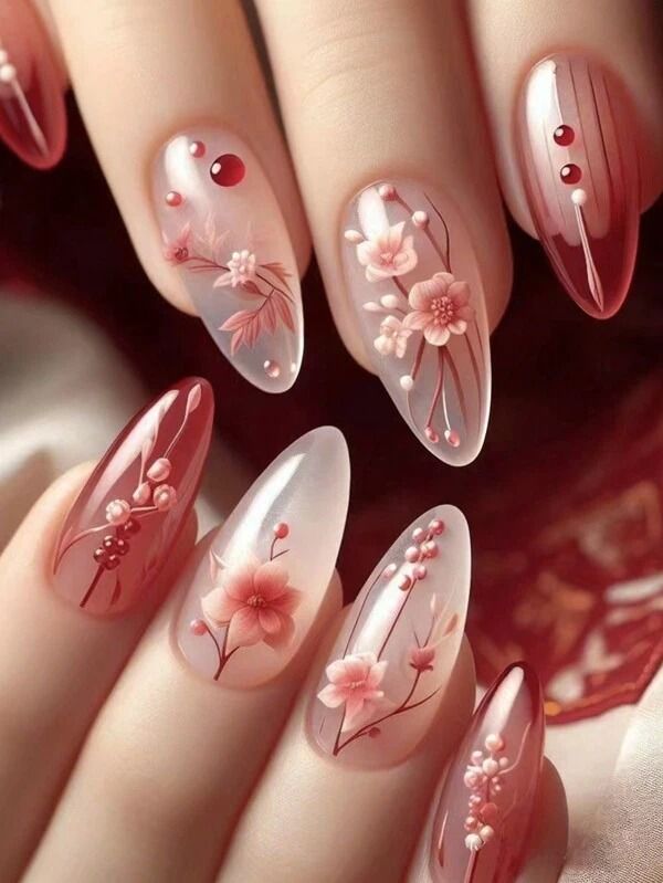 Elegant Floral Nail Art: Soft Pinks and Translucent Finishes for a Romantic Touch