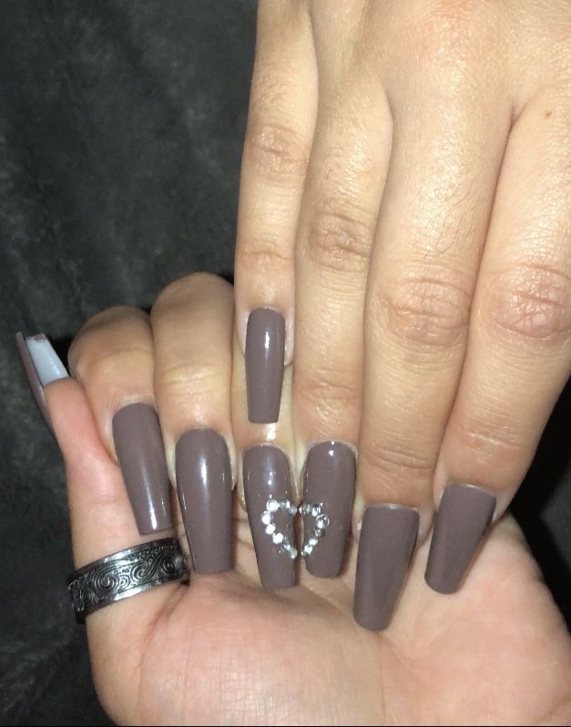 Chic Taupe Nail Design: Elegant Long Squares with Sparkling Rhinestone Accent