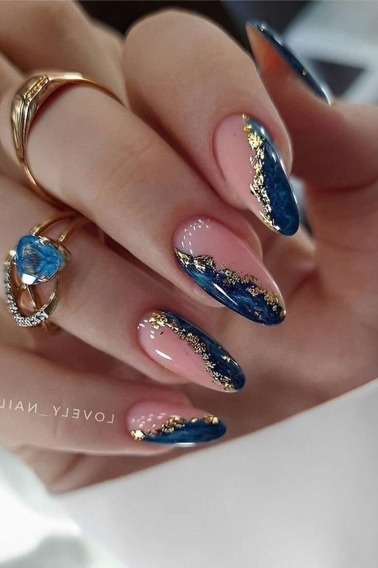 Chic Nail Design with Deep Navy, Soft Pink, and Elegant Gold Accents