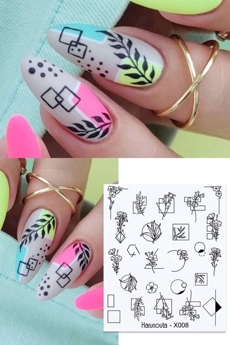 Vibrant Neon Gradient Nail Design with Geometric and Floral Accents.