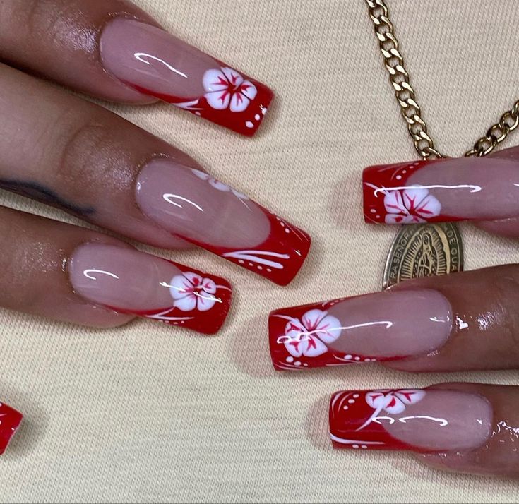 Vibrant Red Floral Nail Design: Glossy Long Squares for a Fresh Summer Vibe.