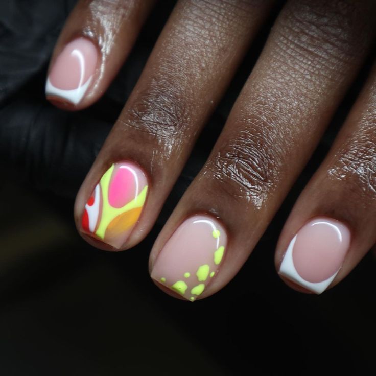 Vibrant Nail Art Design with Playful Colors and Elegant White Tips