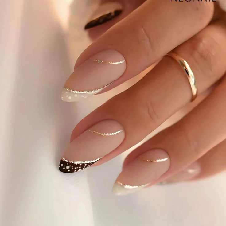 Sophisticated Almond-Shaped Nude Nails with Matte-Gloss Finish and Gold Accents