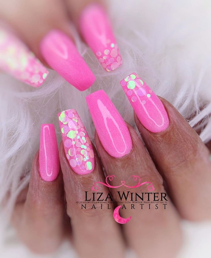 Chic Vibrant Pink Nail Design with Glossy Finishes and Iridescent Dots for a Bold Statement.