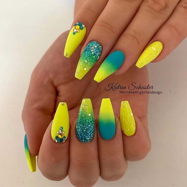 Vibrant Yellow and Turquoise Gradient Nail Design with Matte, Glitter Finishes, and Decorative Gems.