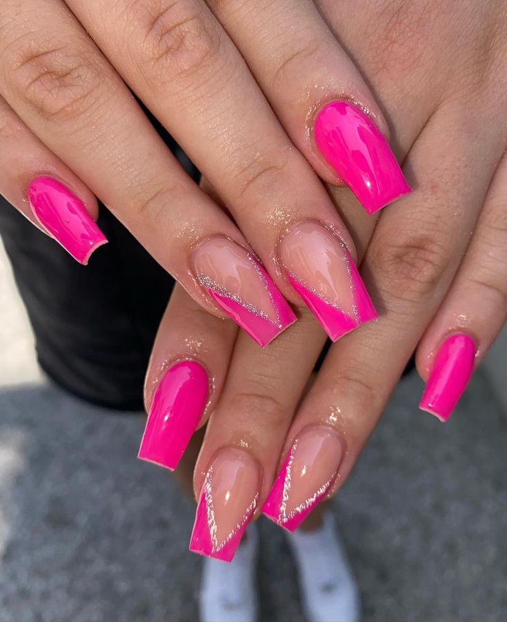 Elegant Vibrant Pink Nail Art with Glossy Finishes and Glittering Tips