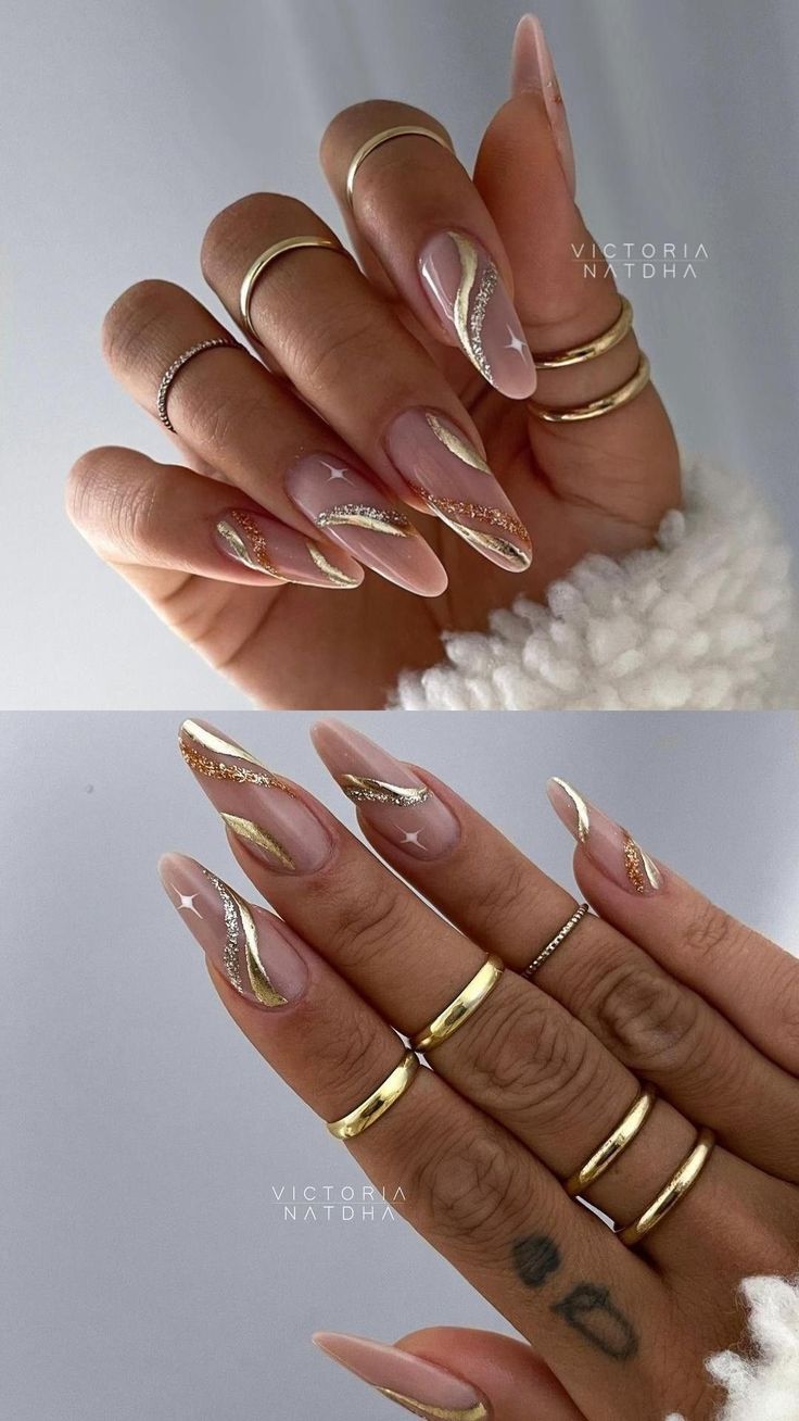 Chic Elegant Nail Design with Soft Nude Base and Intricate Gold & Silver Accents