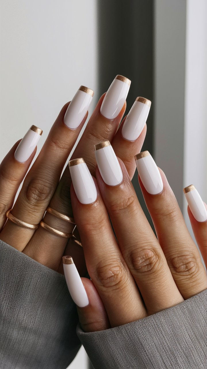 Chic White and Gold Nail Design with Elegant Square Shapes and Delicate Accessories.