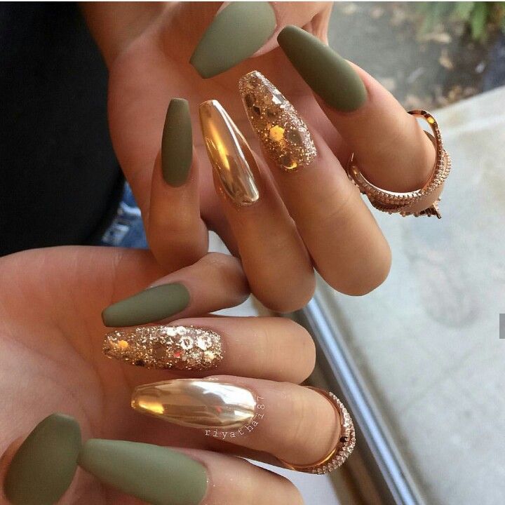 Elegant Matte and Metallic Nail Design with Olive Green, Gold, and Glitter Accents