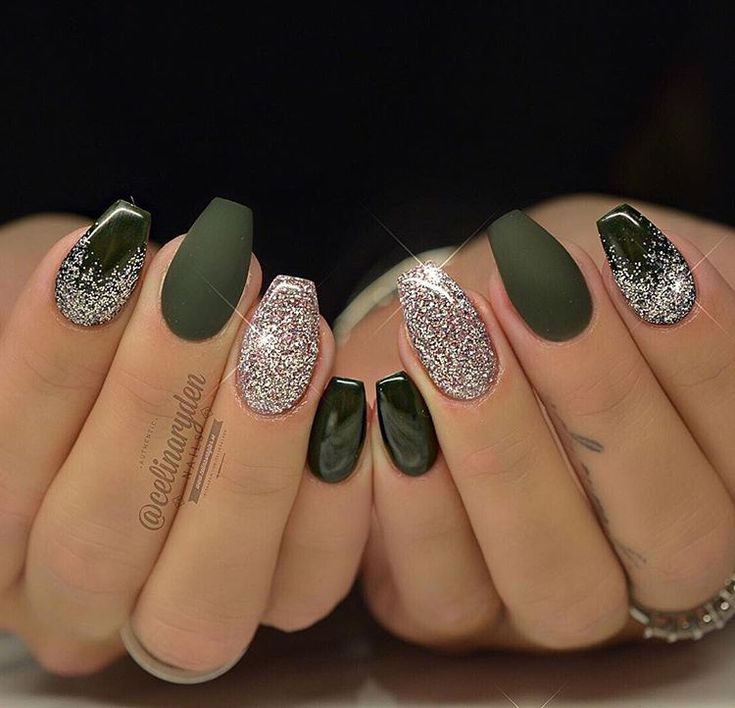 Chic Deep Green and Silver Nail Design: A Glamorous Blend of Matte and Glossy Finishes.