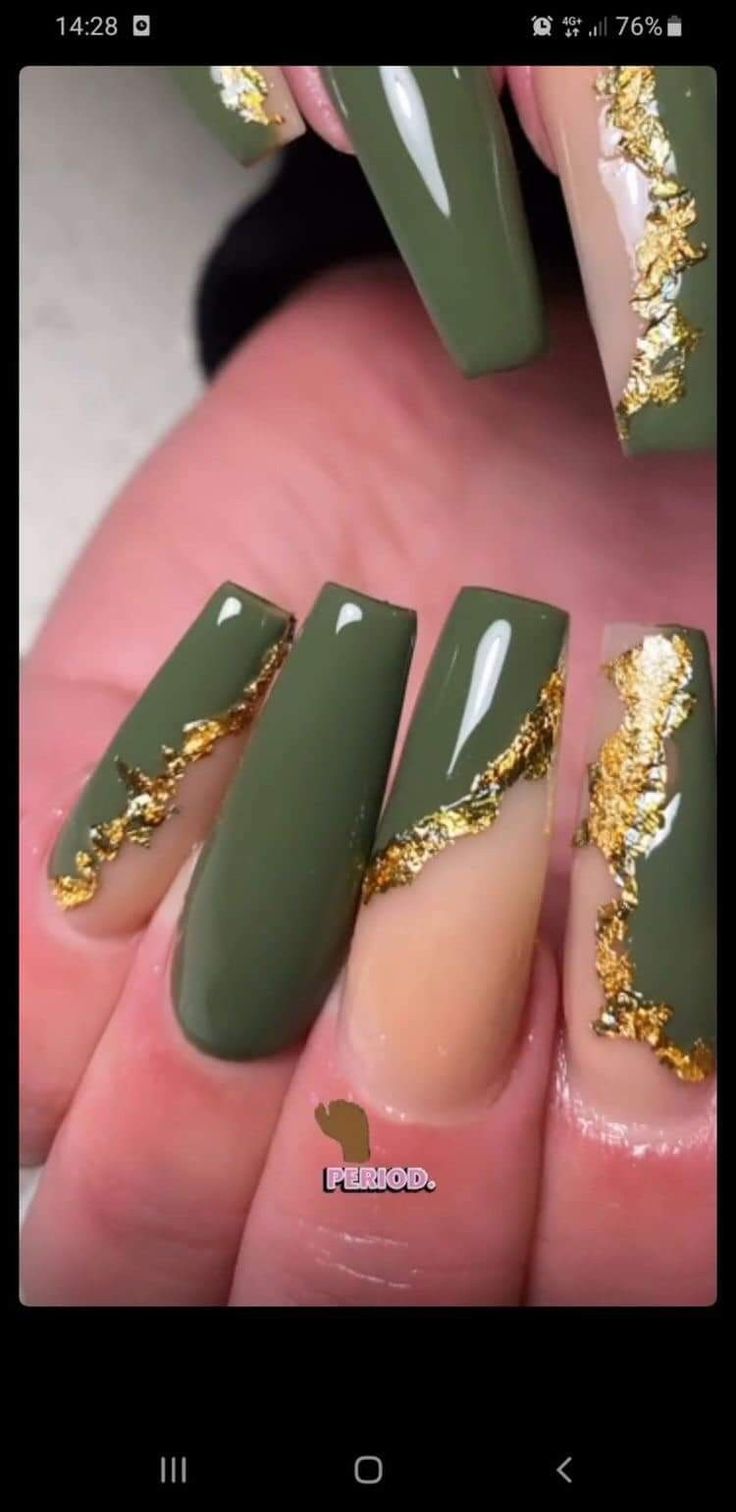 Chic Deep Olive Green and Nude Nail Art with Gold Foil Accents