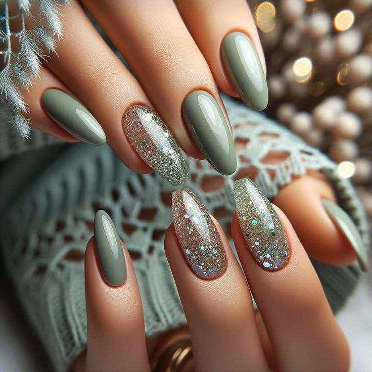 Chic Glittering Green Nail Design for Sophisticated Glamour.