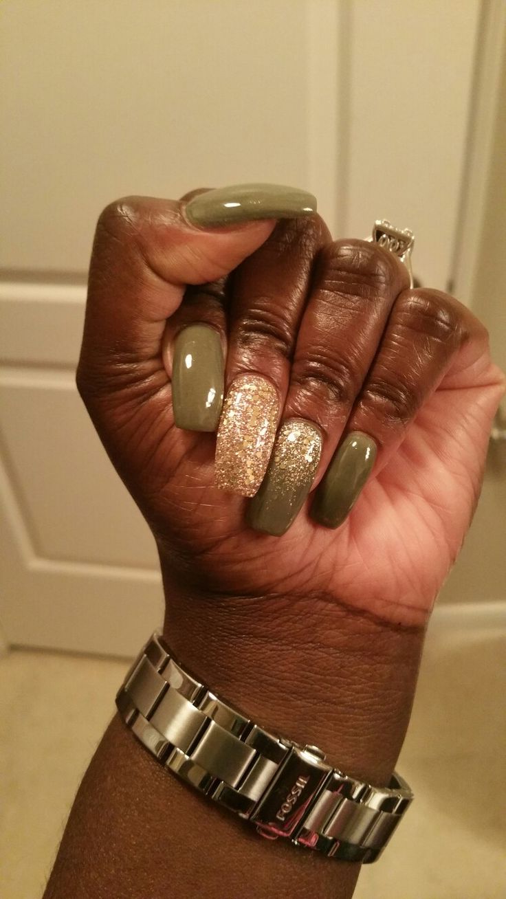 Chic Olive Green and Gold Glitter Nail Design: A Perfect Blend of Elegance and Sparkle.