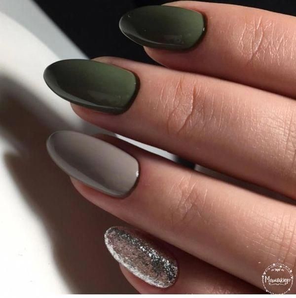 Elegant Nail Design with Modern Olive Green and Taupe Palette Enhanced by Sparkling Silver Accent.