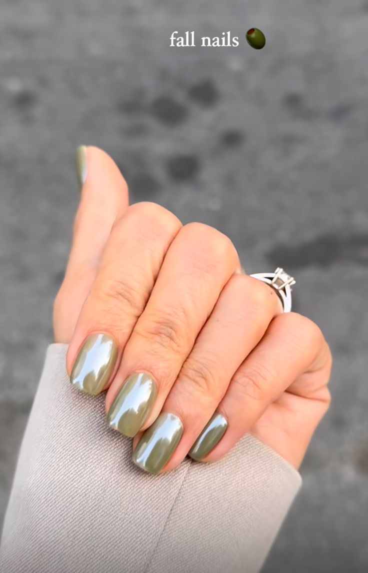 Chic Glossy Olive Green Fall Nails: Elegant and Versatile for Autumn.