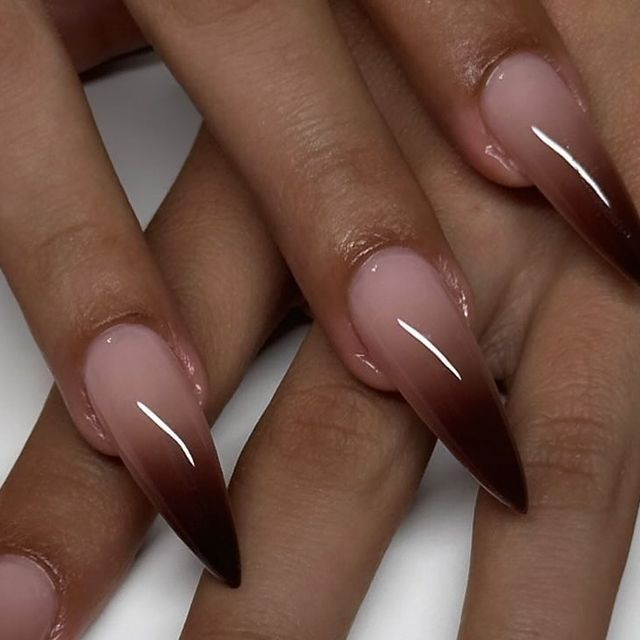 Chic Gradient Almond Nails: From Soft Pink to Deep Brown Ombre Effect.