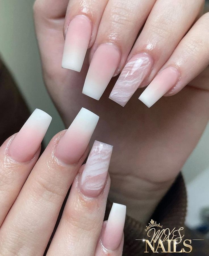 Chic Acrylic Nails: Elegant Pink and White with Sophisticated Marbled Accent