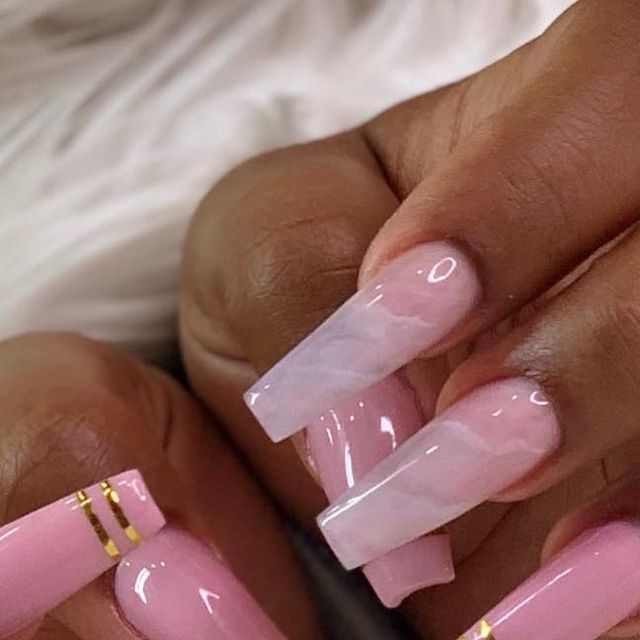 Elegant Long Acrylic Nails with Soft Pink Marble and Gold Accents