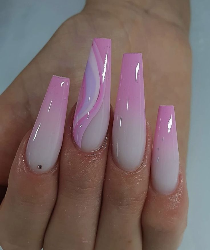 Elegant Ombre Nail Design in Soft Pink with Creative Swirl Accent