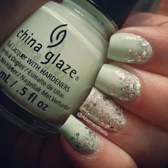 Elegant Mint Green Pastel Nails with Sparkling Silver Glitter Tips