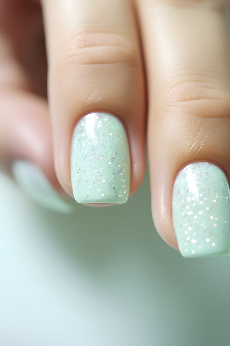 Glossy Soft Mint Green Nails with Subtle Glitter for a Chic Aesthetic.