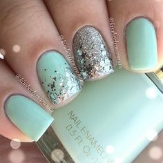 Chic Mint Green Nail Design with Glossy and Glittery Finishes