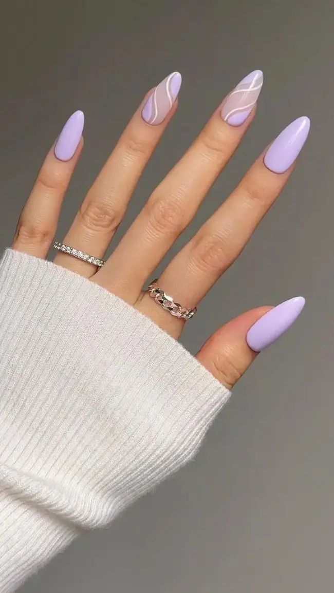 Chic Lavender Matte Nail Design with Elegant White Swirls and Delicate Rings